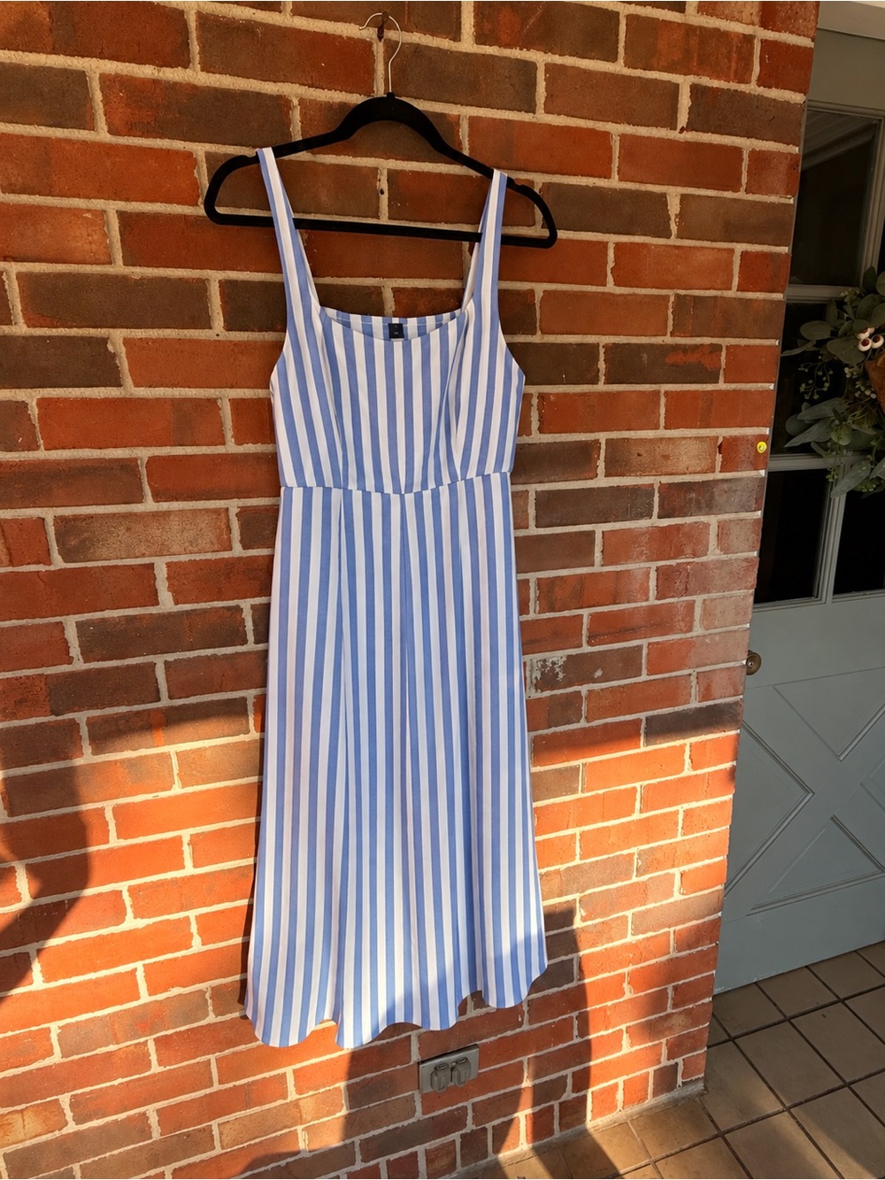 Blue and White Striped Summer Midi Dress with pockets
